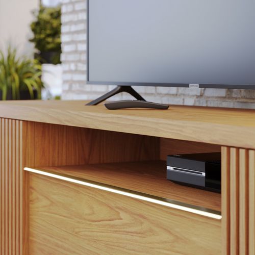 Meuble TV Bar 70 Pouces Chêne 3 Portes 5 Niches Roulettes L 180 H 60.2 P 44.9 Cm