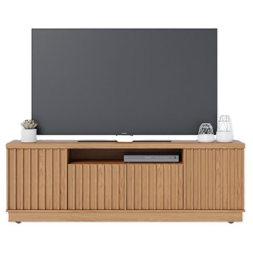 Meuble TV 70 Pouces Chêne 4 Portes 7 Niches 6 Roulettes L 180 H 61.4 P 42.8 Cm