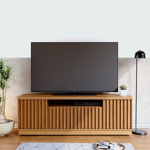 Meuble TV 70 Pouces Chêne 4 Portes 7 Niches 6 Roulettes L 180 H 61.4 P 42.8 Cm