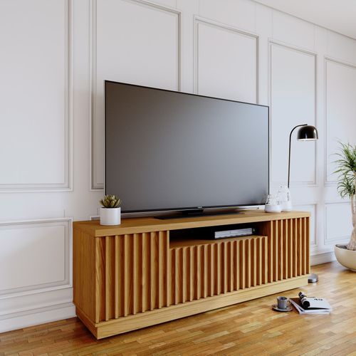 Meuble TV 70 Pouces Chêne 4 Portes 7 Niches 6 Roulettes L 180 H 61.4 P 42.8 Cm