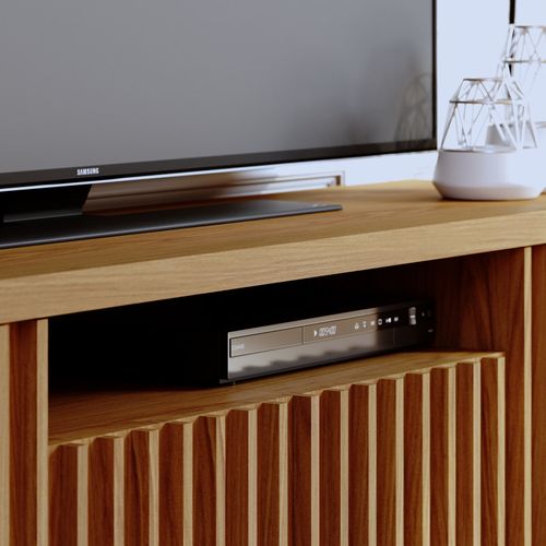 Meuble TV 70 Pouces Chêne 4 Portes 7 Niches 6 Roulettes L 180 H 61.4 P 42.8 Cm