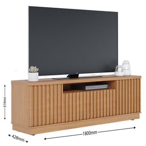 Meuble TV 70 Pouces Chêne 4 Portes 7 Niches 6 Roulettes L 180 H 61.4 P 42.8 Cm