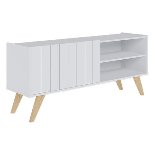 Meuble TV Bar 55 Pouces Blanc Grisé Pieds Bois 2 Portes 3 Niches L 135.8 H 58.7 P 36.1cm