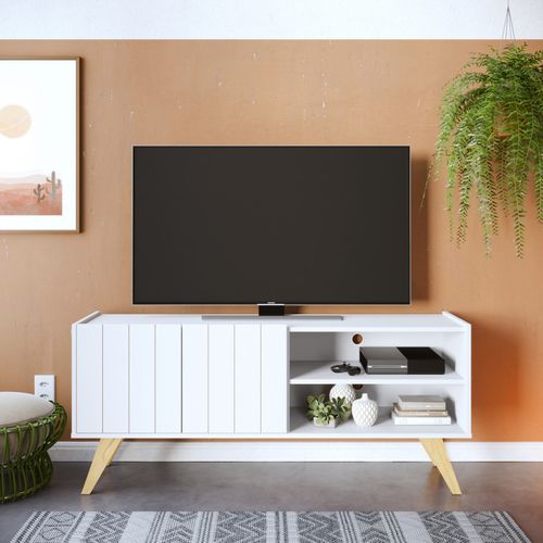 Meuble TV Bar 55 Pouces Blanc Grisé Pieds Bois 2 Portes 3 Niches L 135.8 H 58.7 P 36.1cm