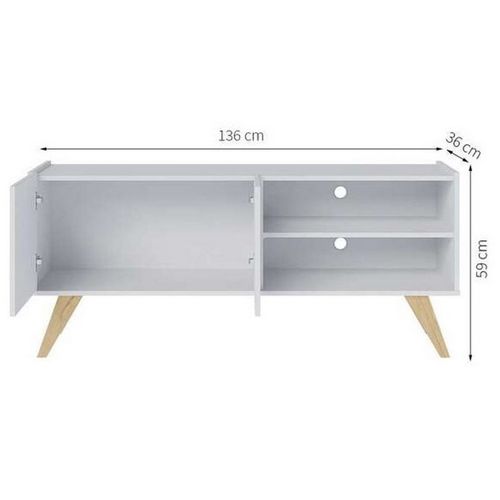 Meuble TV Bar 55 Pouces Blanc Grisé Pieds Bois 2 Portes 3 Niches L 135.8 H 58.7 P 36.1cm