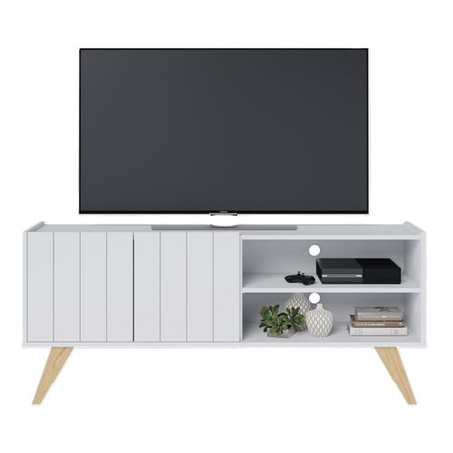 Meuble TV Bar 55 Pouces Blanc Grisé Pieds Bois 2 Portes 3 Niches L 135.8 H 58.7 P 36.1cm