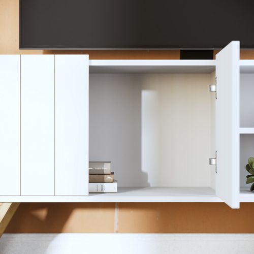 Meuble TV Bar 55 Pouces Blanc Grisé Pieds Bois 2 Portes 3 Niches L 135.8 H 58.7 P 36.1cm