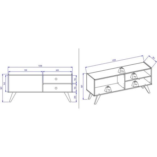 Meuble TV Bar 55 Pouces Blanc Grisé Pieds Bois 2 Portes 3 Niches L 135.8 H 58.7 P 36.1cm