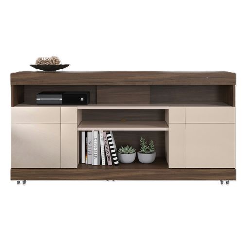 Meuble TV 47 Pouces Noyer Et Blanc 2 Portes 5 Niches Roulettes L 136 H 69.8 P 37.4 Cm