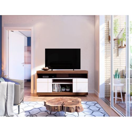 Meuble TV 47 Pouces Noyer Et Blanc 2 Portes 5 Niches Roulettes L 136 H 69.8 P 37.4 Cm