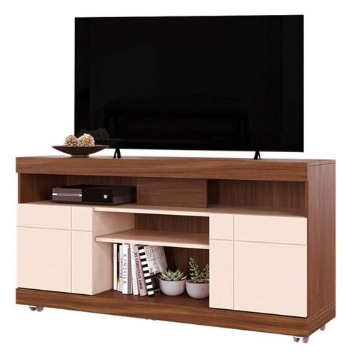 Meuble TV 47 Pouces Noyer Et Blanc 2 Portes 5 Niches Roulettes L 136 H 69.8 P 37.4 Cm