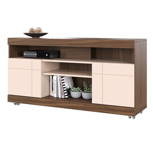 Meuble TV 47 Pouces Noyer Et Blanc 2 Portes 5 Niches Roulettes L 136 H 69.8 P 37.4 Cm