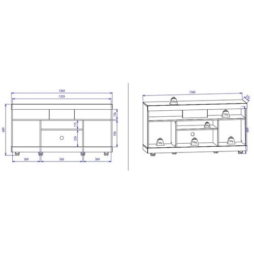 Meuble TV 47 Pouces Noyer Et Blanc 2 Portes 5 Niches Roulettes L 136 H 69.8 P 37.4 Cm