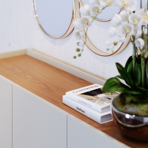 Buffet Bas 3 Portes 5 Niches Blanc Grisé Et Chêne 5 Pieds Bois L 136 H 79.2 P 39.3 Cm