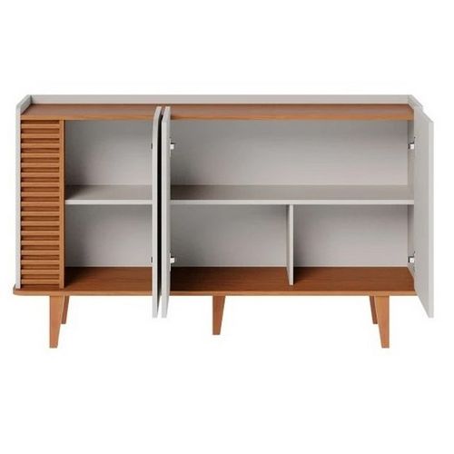 Buffet Bas 3 Portes 5 Niches Blanc Grisé Et Chêne 5 Pieds Bois L 136 H 79.2 P 39.3 Cm