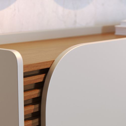 Buffet Bas 3 Portes 5 Niches Blanc Grisé Et Chêne 5 Pieds Bois L 136 H 79.2 P 39.3 Cm