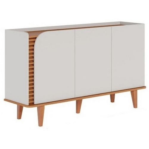 Buffet Bas 3 Portes 5 Niches Blanc Grisé Et Chêne 5 Pieds Bois L 136 H 79.2 P 39.3 Cm