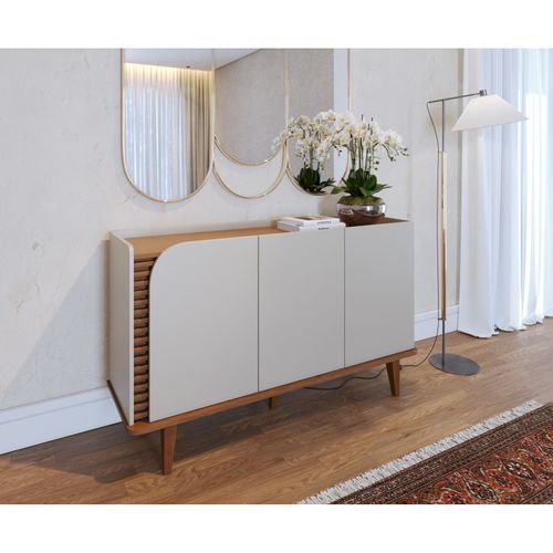 Buffet Bas 3 Portes 5 Niches Blanc Grisé Et Chêne 5 Pieds Bois L 136 H 79.2 P 39.3 Cm