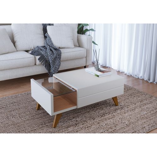 Table Basse 1 Tiroir 1 Niche 4 Pieds Bois Blanc Grisé Et Chêne L 90 H 35.6 P 54 Cm