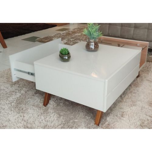 Table Basse 1 Tiroir 1 Niche 4 Pieds Bois Blanc Grisé Et Chêne L 90 H 35.6 P 54 Cm