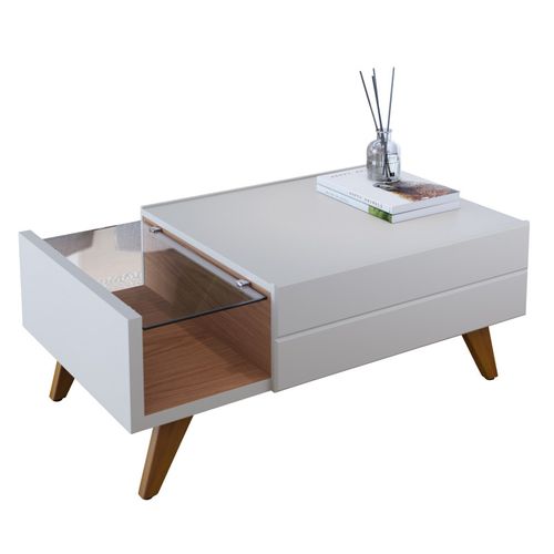 Table Basse 1 Tiroir 1 Niche 4 Pieds Bois Blanc Grisé Et Chêne L 90 H 35.6 P 54 Cm