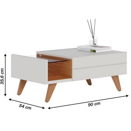 Table Basse 1 Tiroir 1 Niche 4 Pieds Bois Blanc Grisé Et Chêne L 90 H 35.6 P 54 Cm