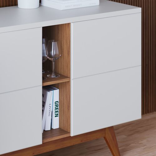 Buffet Bas 3 Portes 7 Niches Blanc Grisé Et Chêne 5 Pieds Bois L 160 H 80.2 P 44.5 Cm