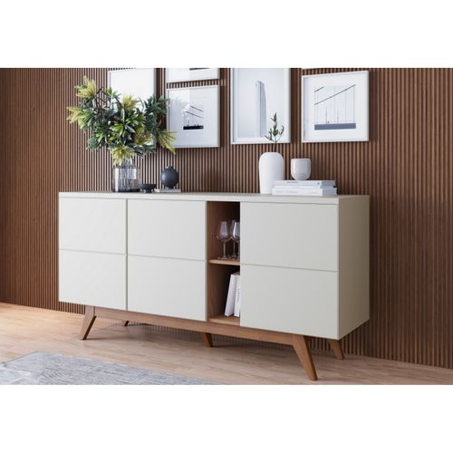Buffet Bas 3 Portes 7 Niches Blanc Grisé Et Chêne 5 Pieds Bois L 160 H 80.2 P 44.5 Cm