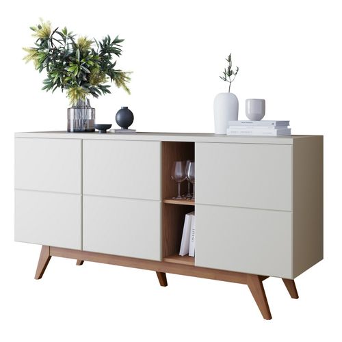 Buffet Bas 3 Portes 7 Niches Blanc Grisé Et Chêne 5 Pieds Bois L 160 H 80.2 P 44.5 Cm