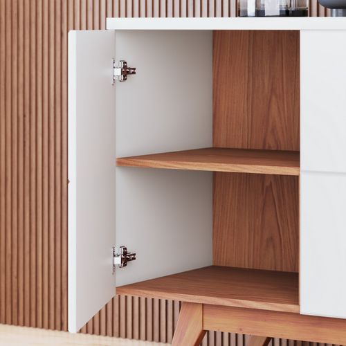 Buffet Bas 3 Portes 7 Niches Blanc Grisé Et Chêne 5 Pieds Bois L 160 H 80.2 P 44.5 Cm