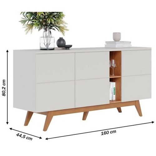Buffet Bas 3 Portes 7 Niches Blanc Grisé Et Chêne 5 Pieds Bois L 160 H 80.2 P 44.5 Cm