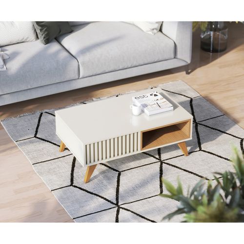 Table Basse 2 Niches 4 Pieds Bois Blanc Grisé Et Chêne L 90.5 H 54 P 35.2 Cm
