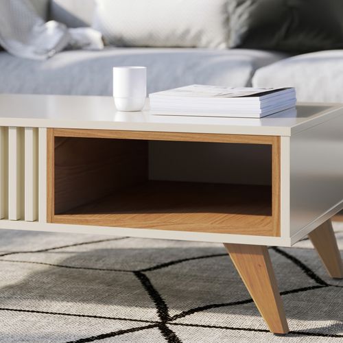 Table Basse 2 Niches 4 Pieds Bois Blanc Grisé Et Chêne L 90.5 H 54 P 35.2 Cm