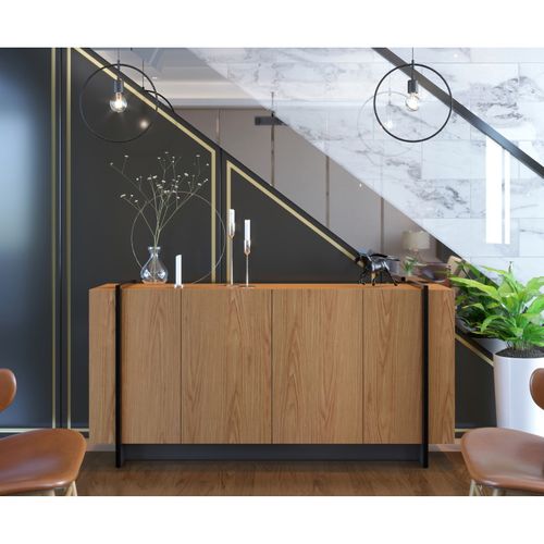 Buffet Bas 4 Portes Imitation Chêne 6 Niches L 160 H 79.7 P 42.5 Cm