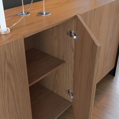 Buffet Bas 4 Portes Imitation Chêne 6 Niches L 160 H 79.7 P 42.5 Cm