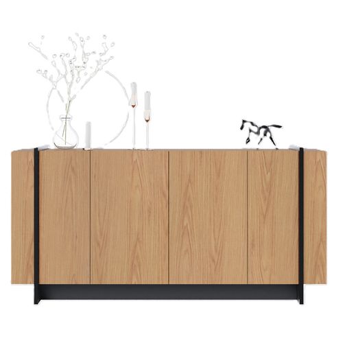 Buffet Bas 4 Portes Imitation Chêne 6 Niches L 160 H 79.7 P 42.5 Cm