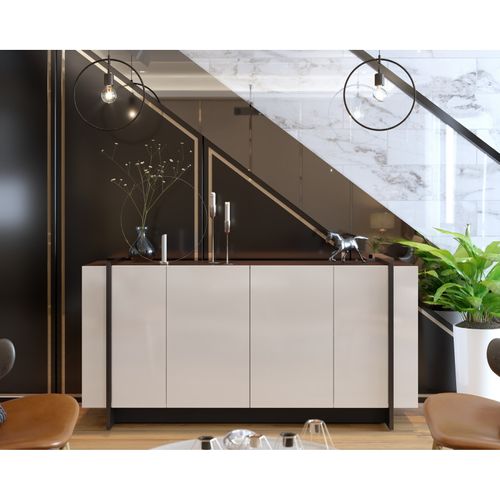 Buffet Bas 4 Portes Blanc Grisé Et Noyer 6 Niches L 160 H 79.7 P 42.5 Cm