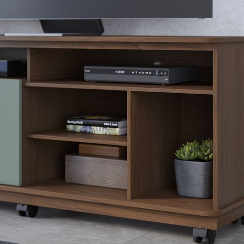 Meuble TV 65 Pouces Vert Olive Et Chêne 2 Portes 7 Niches Roulettes L 150 H 63.2 P 39.3 Cm