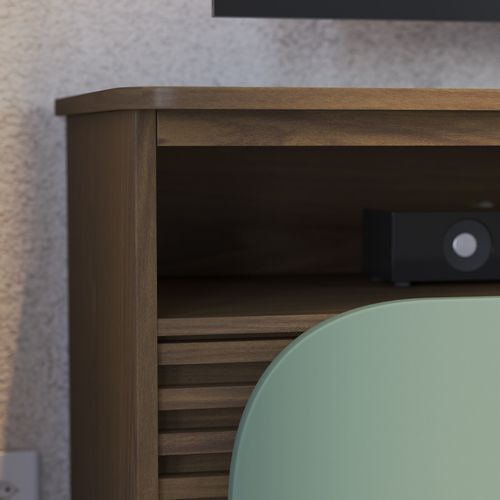 Meuble TV 65 Pouces Vert Olive Et Chêne 2 Portes 7 Niches Roulettes L 150 H 63.2 P 39.3 Cm