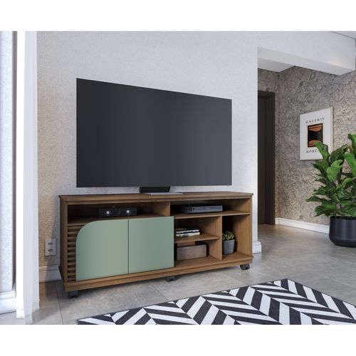 Meuble TV 65 Pouces Vert Olive Et Chêne 2 Portes 7 Niches Roulettes L 150 H 63.2 P 39.3 Cm