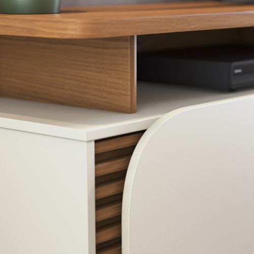 Meuble TV 75 Pouces Chêne Et Blanc 2 Portes 9 Niches L 180 H 62 P 39.3 Cm