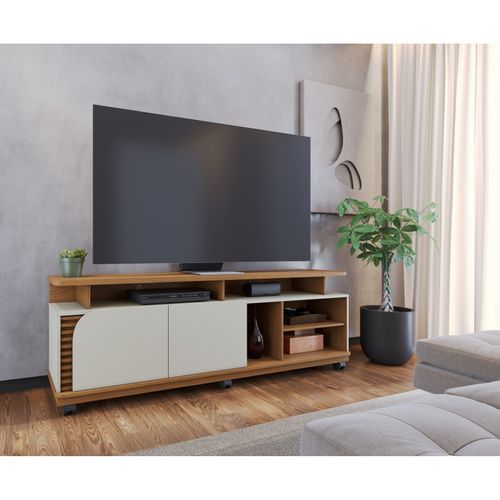 Meuble TV 75 Pouces Chêne Et Blanc 2 Portes 9 Niches L 180 H 62 P 39.3 Cm