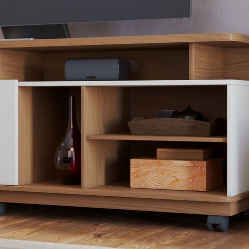 Meuble TV 75 Pouces Chêne Et Blanc 2 Portes 9 Niches L 180 H 62 P 39.3 Cm