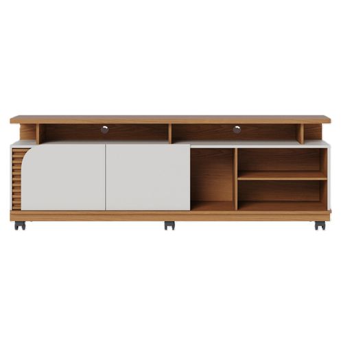 Meuble TV 75 Pouces Chêne Et Blanc 2 Portes 9 Niches L 180 H 62 P 39.3 Cm