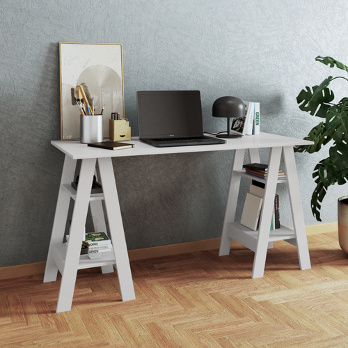 Bureau 2 Tréteaux 4 Niches 4 Etagères Blanc L 135 H 75 P 60 Cm