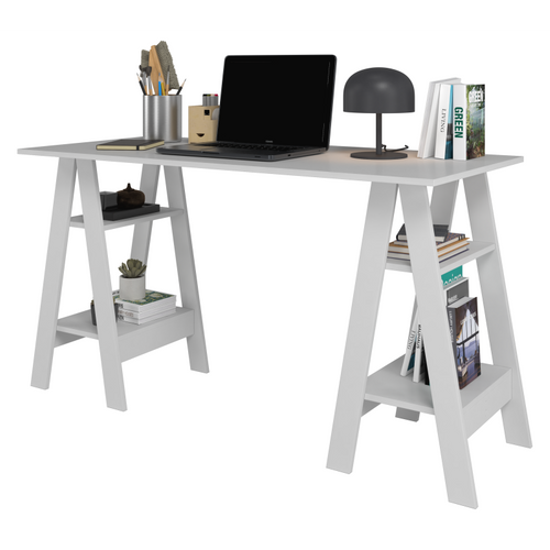 Bureau 2 Tréteaux 4 Niches 4 Etagères Blanc L 135 H 75 P 60 Cm