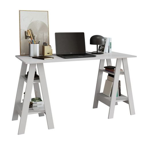 Bureau 2 Tréteaux 4 Niches 4 Etagères Blanc L 135 H 75 P 60 Cm