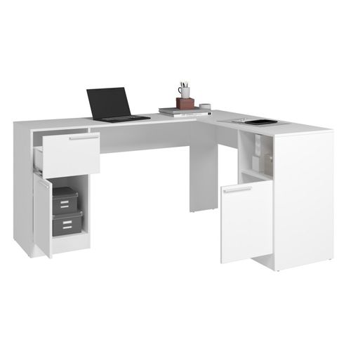 Bureau D'angle Blanc 2 Caissons 2 Portes 1 Tiroir 1 Niche L 160 H 78.5 P 134.5 Cm