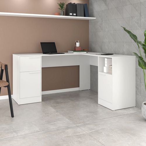 Bureau D'angle Blanc 2 Caissons 2 Portes 1 Tiroir 1 Niche L 160 H 78.5 P 134.5 Cm