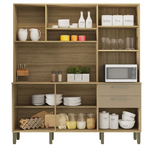 Buffet De Cuisine 6 Portes 2 Tiroirs Chêne Et Taupe L 180.2 H 198 P 38.8 Cm